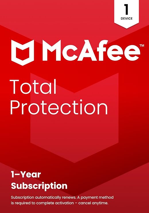 McAfee Total Protection 1-Device 2025 | Security Software Includes Antivirus, Secure VPN, Scam Protection, Identity Monitoring | 1-Year Subscription with Auto-Renewal | Key Card