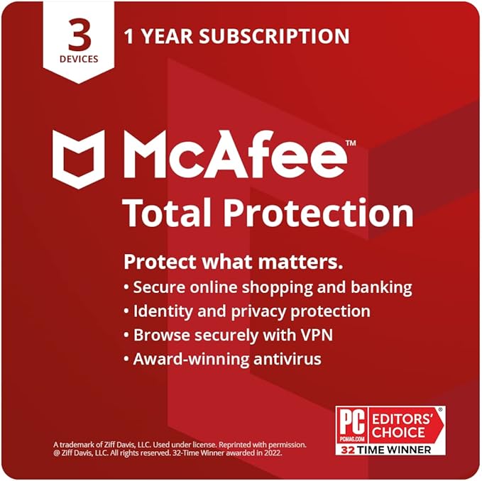 McAfee Total Protection | 3 Device | Antivirus Internet Security Software | VPN, Password Manager, Dark Web Monitoring | 1 Year Subscription