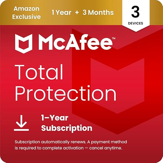 McAfee Total Protection 3-Device 2026 Ready | 15-Month Subscription with Auto-Renewal | anti virus software 2026 for pc, Antivirus, Secure VPN, Scam Protection, Identity Monitoring | Download
